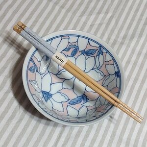 Blue and Pink Floral Bowl with Chopsticks